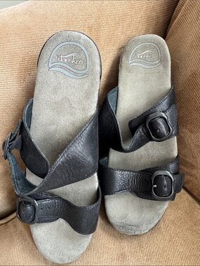 Dansko Black Leather Buckle Slide Sandals